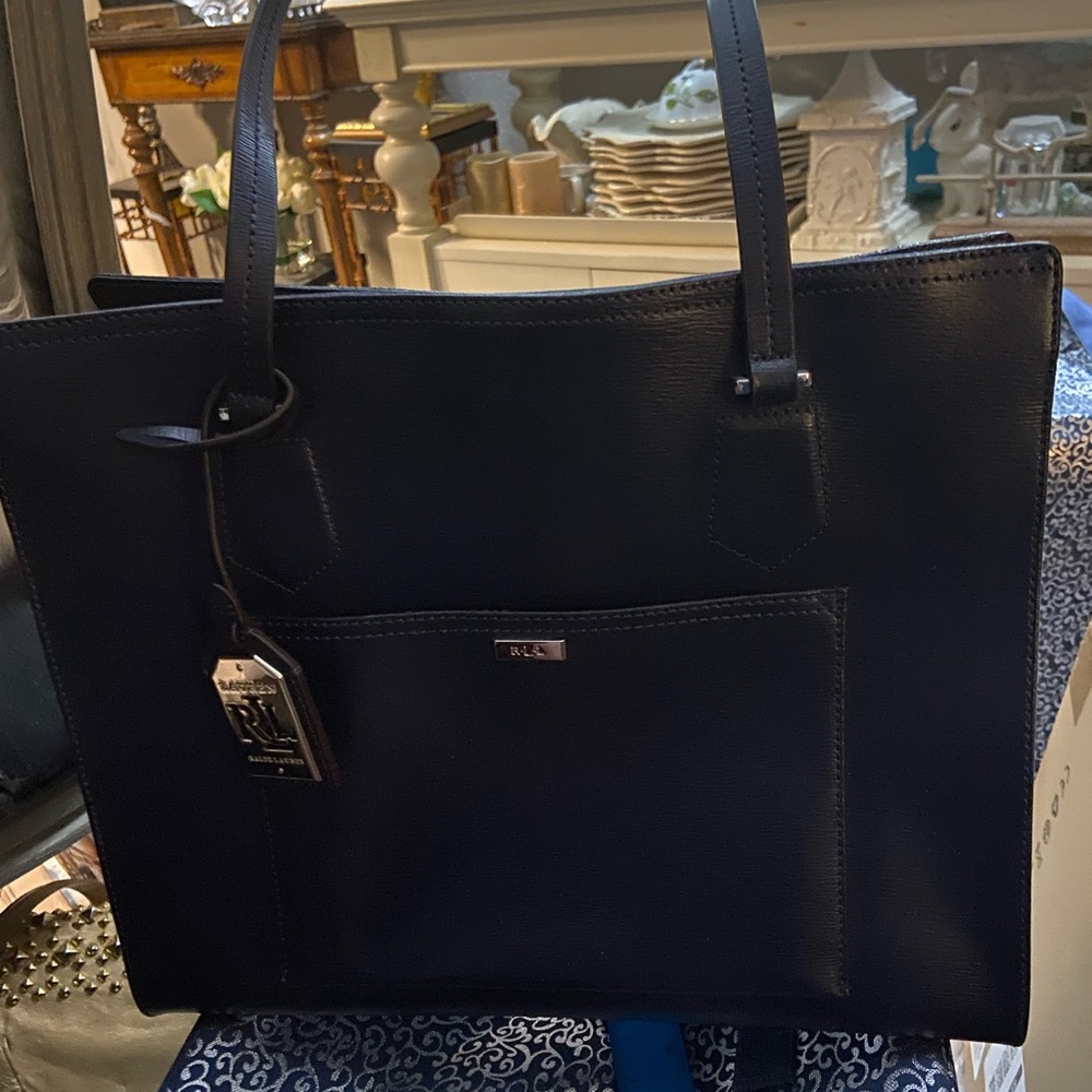 Navy Blue Ralph Lauren Premium Leather Tote